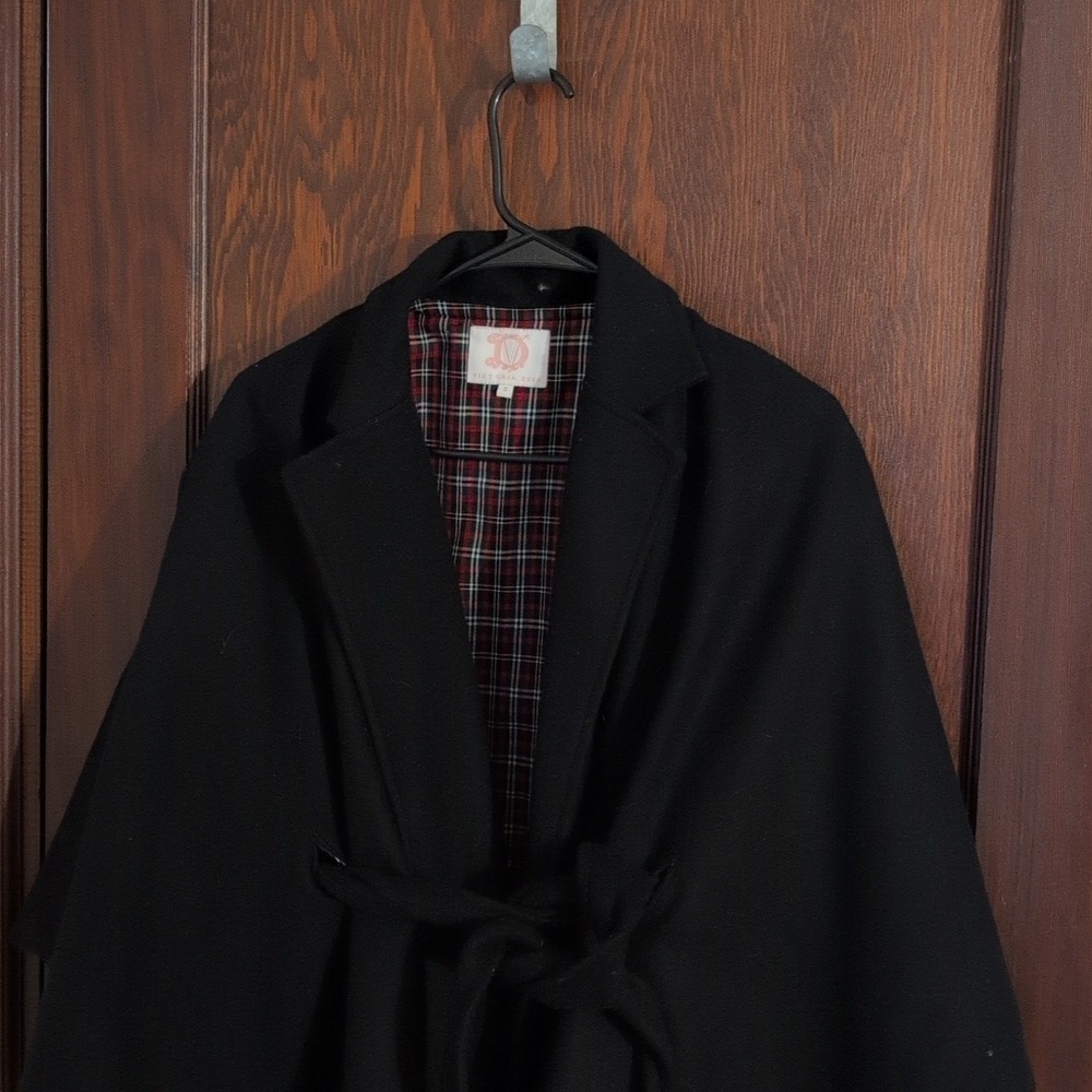 Victoria Dunn Cape Style Wool Blend Belted Jacket With Plaid Underneath Size Sm - Picture 5 of 10